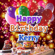 Happy Birthday Kerry GIF: Animated happy birthday gif on a bright red glittery background and 3 lines of text reading Happy Birthday Customize