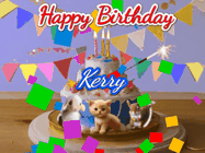 Happy Birthday Kerry GIF: Happy Birthday Cake GIF with a cat, lamb, and squirrel on the cake with flickering candles, a sparkler, and falling confetti. Reads Happy Birthday Name and you can customize the name
