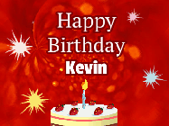 Happy Birthday Kevin GIF: A bright red happy birthday gif animated with a cake candle, and glitter and sparkles. Customize with name.