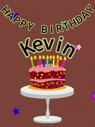 Happy Birthday Kevin GIF: Animated birthday gif of a chocolate cartoon cake and stars. Animated text can be customized with name.