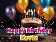 Happy Birthday Kevin GIF: A birthday cake with flickering candles gif with text reading Happy Birthday and a Name slot to customize