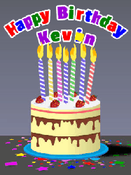 Happy Birthday Kevin GIF: Cartoon style animated birthday cake gif with flickering candles, balloons, and stars. Customize the name banner.