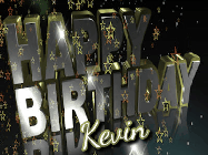 Happy Birthday Kevin GIF: Birthday celebration animated gif with a silvery gold design, falling star confetti, and a name you can customize.