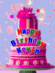 Happy Birthday Kevin GIF: A big beautiful birthday cake gif with falling confetti, sparklers, and balloons, reads Happy Birthday Name. Customize it.