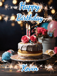 Happy Birthday Kevin GIF: Sparkles and glitter happy birthday gif with a cake and flickering candles and sparklers behind the words happy birthday customize