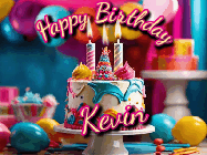 Happy Birthday Kevin GIF: Animated birthday gif with a beautiful colorful birthday can and sparkles in the air. It reads Happy Birthday Customize.