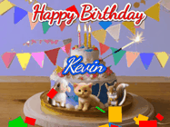 Happy Birthday Kevin GIF: Happy Birthday Cake GIF with a cat, lamb, and squirrel on the cake with flickering candles, a sparkler, and falling confetti. Reads Happy Birthday Name and you can customize the name
