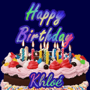 Happy Birthday Khloe GIF: A dark blue birthday gif with a beautiful cake with flickering candles, background sparkles and a name to customize.