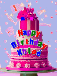 Happy Birthday Khloe GIF: A big beautiful birthday cake gif with falling confetti, sparklers, and balloons, reads Happy Birthday Name. Customize it.