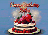 Happy Birthday Khloe GIF: Animated GIF of a birthday cake covered in berries with 2 sparklers and a candle, reads Happy Birthday Name. Customize it.