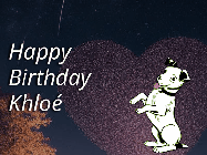 Happy Birthday Khloe GIF: Happy Birthday GIF at night with a cute drawn dog, floating balloons, and a shooting star in front of a heart shaped star formation.