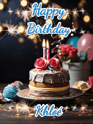 Happy Birthday Khloe GIF: Sparkles and glitter happy birthday gif with a cake and flickering candles and sparklers behind the words happy birthday customize