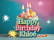 Happy Birthday Khloe GIF: A colorful animated Happy Birthday Cake GIF with swirling sparkles and flickering candles. It reads Happy Birthday Name