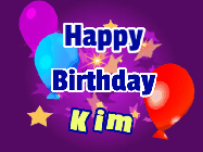 Happy Birthday Kim GIF: A lovely purple birthday gif animated with moving text, a balloon, and bubbles. Customize it.