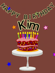 Happy Birthday Kim GIF: Animated birthday gif of a chocolate cartoon cake and stars. Animated text can be customized with name.