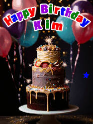 Happy Birthday Kim GIF: Beautiful birthday cake animated gif, a celebration of balloons, confetti, and sparklers. Customize banner and name.