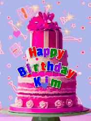Happy Birthday Kim GIF: A big beautiful birthday cake gif with falling confetti, sparklers, and balloons, reads Happy Birthday Name. Customize it.
