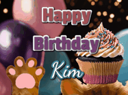Happy Birthday Kim GIF: Cute Kitten Birthday Cupcake GIF with a cupcake raised by a cats head, then it pulls down text reading Happy Birthday Name