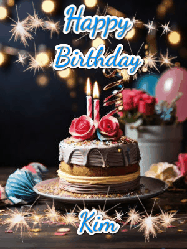 Happy Birthday Kim GIF: Sparkles and glitter happy birthday gif with a cake and flickering candles and sparklers behind the words happy birthday customize