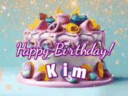 Happy Birthday Kim GIF: A beautiful birthday cake gif with animated sparkles and glitter Happy Birthday Name you can customize