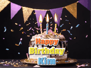 Happy Birthday Kim GIF: Happy birthday cake animated gif with flickering candles, animated text, and falling confetti. Customize text reading Happy Birthday Customize.