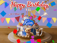 Happy Birthday Kim GIF: Happy Birthday Cake GIF with a cat, lamb, and squirrel on the cake with flickering candles, a sparkler, and falling confetti. Reads Happy Birthday Name and you can customize the name
