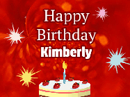 Happy Birthday Kimberly GIF: A bright red happy birthday gif animated with a cake candle, and glitter and sparkles. Customize with name.