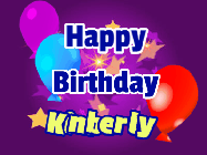 Happy Birthday Kimberly GIF: A lovely purple birthday gif animated with moving text, a balloon, and bubbles. Customize it.