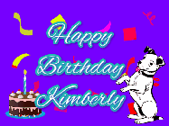 Happy Birthday Kimberly GIF: Silly happy birthday gif with a cute dog in a corner and rainbow animation confetti. Birthday cake in order with candle.