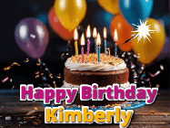 Happy Birthday Kimberly GIF: A birthday cake with flickering candles gif with text reading Happy Birthday and a Name slot to customize