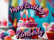 Happy Birthday Kimberly GIF: A colorful animated birthday gif of a cake and falling stars with a flickering candle. Text reads Happy Birthday and Customize.