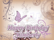 Happy Birthday Kimberly GIF: Classical birthday gif background with colorful musical notes floating past and a name you can customize, reads Happy Birthday.