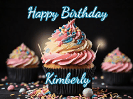 Happy Birthday Kimberly GIF: A delicious cupcake gif with animated sparkles reading Happy Birthday with a name to customize
