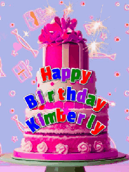 Happy Birthday Kimberly GIF: A big beautiful birthday cake gif with falling confetti, sparklers, and balloons, reads Happy Birthday Name. Customize it.