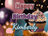 Happy Birthday Kimberly GIF: Cute Kitten Birthday Cupcake GIF with a cupcake raised by a cats head, then it pulls down text reading Happy Birthday Name