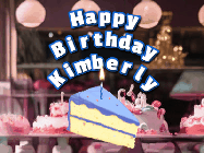 Happy Birthday Kimberly GIF: A cake shop background with a slice of cake and animated candle reading Happy Birthday Customize.