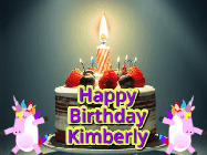 Happy Birthday Kimberly GIF: An animated gif with 2 unicorns and a birthday candle on a cake.