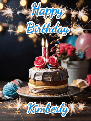 Happy Birthday Kimberly GIF: Sparkles and glitter happy birthday gif with a cake and flickering candles and sparklers behind the words happy birthday customize