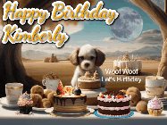 Happy Birthday Kimberly GIF: Animated birthday gif with a dog at a fancy birthday table loaded with cakes as hearts appear. It reads Happy Birthday Customize.
