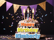 Happy Birthday Kimberly GIF: Happy birthday cake animated gif with flickering candles, animated text, and falling confetti. Customize text reading Happy Birthday Customize.