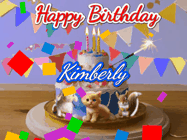 Happy Birthday Kimberly GIF: Happy Birthday Cake GIF with a cat, lamb, and squirrel on the cake with flickering candles, a sparkler, and falling confetti. Reads Happy Birthday Name and you can customize the name