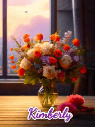 Happy Birthday Kimberly GIF: A vase of flowers and animated hearts pop in and out as the words Happy Birthday Name appears that you can customize