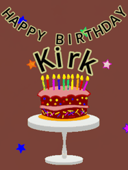 Happy Birthday Kirk GIF: Animated birthday gif of a chocolate cartoon cake and stars. Animated text can be customized with name.
