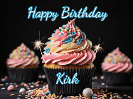 Happy Birthday Kirk GIF: A delicious cupcake gif with animated sparkles reading Happy Birthday with a name to customize