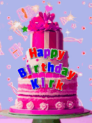 Happy Birthday Kirk GIF: A big beautiful birthday cake gif with falling confetti, sparklers, and balloons, reads Happy Birthday Name. Customize it.
