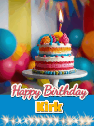 Happy Birthday Kirk GIF: A birthday card gif with a cake and candle and a blue ribbon with animated sparklers. Reads Happy Birthday Name