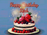 Happy Birthday Kirk GIF: Animated GIF of a birthday cake covered in berries with 2 sparklers and a candle, reads Happy Birthday Name. Customize it.