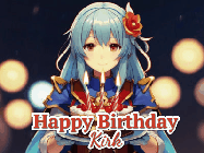 Happy Birthday Kirk GIF: Anime girl holding a birthday cake and an animated sword falls into it. Text reads Happy Birthday Customize