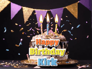 Happy Birthday Kirk GIF: Happy birthday cake animated gif with flickering candles, animated text, and falling confetti. Customize text reading Happy Birthday Customize.
