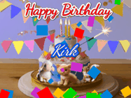 Happy Birthday Kirk GIF: Happy Birthday Cake GIF with a cat, lamb, and squirrel on the cake with flickering candles, a sparkler, and falling confetti. Reads Happy Birthday Name and you can customize the name